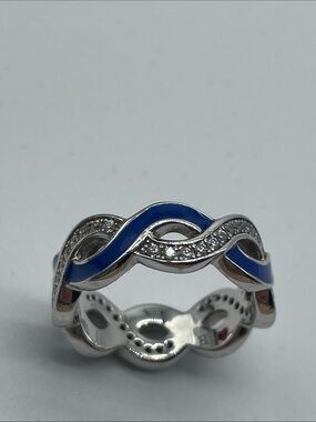 Hidalgo for Diamonique Silver Blue Enamel & CZ Wave Ring Size 6